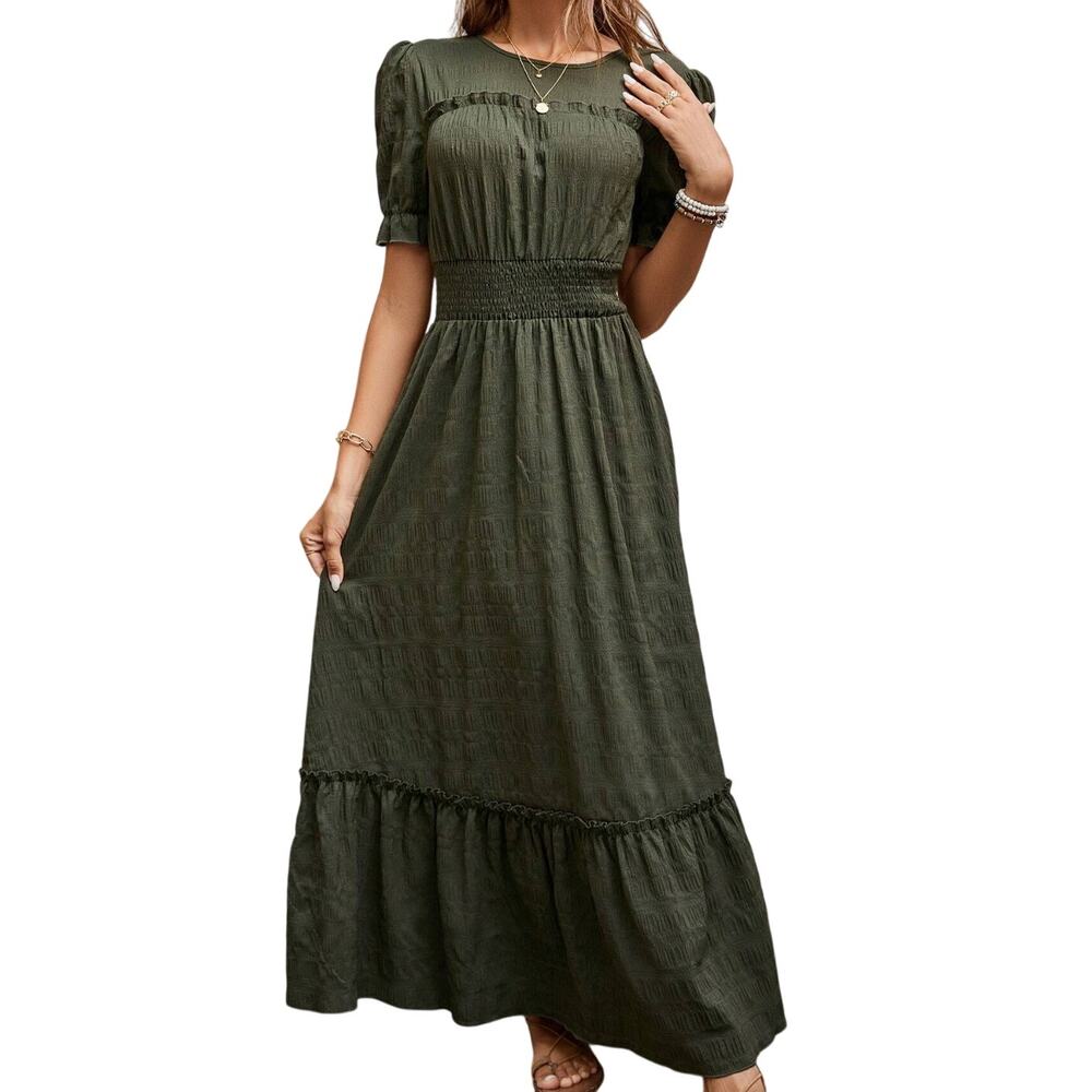 Puff Short Sleeve Round Neck Maxi Dress in Green Modest Women’s Size Large